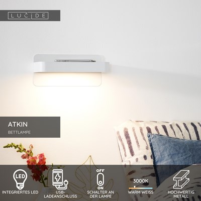 Lucide ATKIN - Bettlampe / Wandleuchte - LED - 1x6W 3000K - Mit USB-Ladepunkt - Weiß
